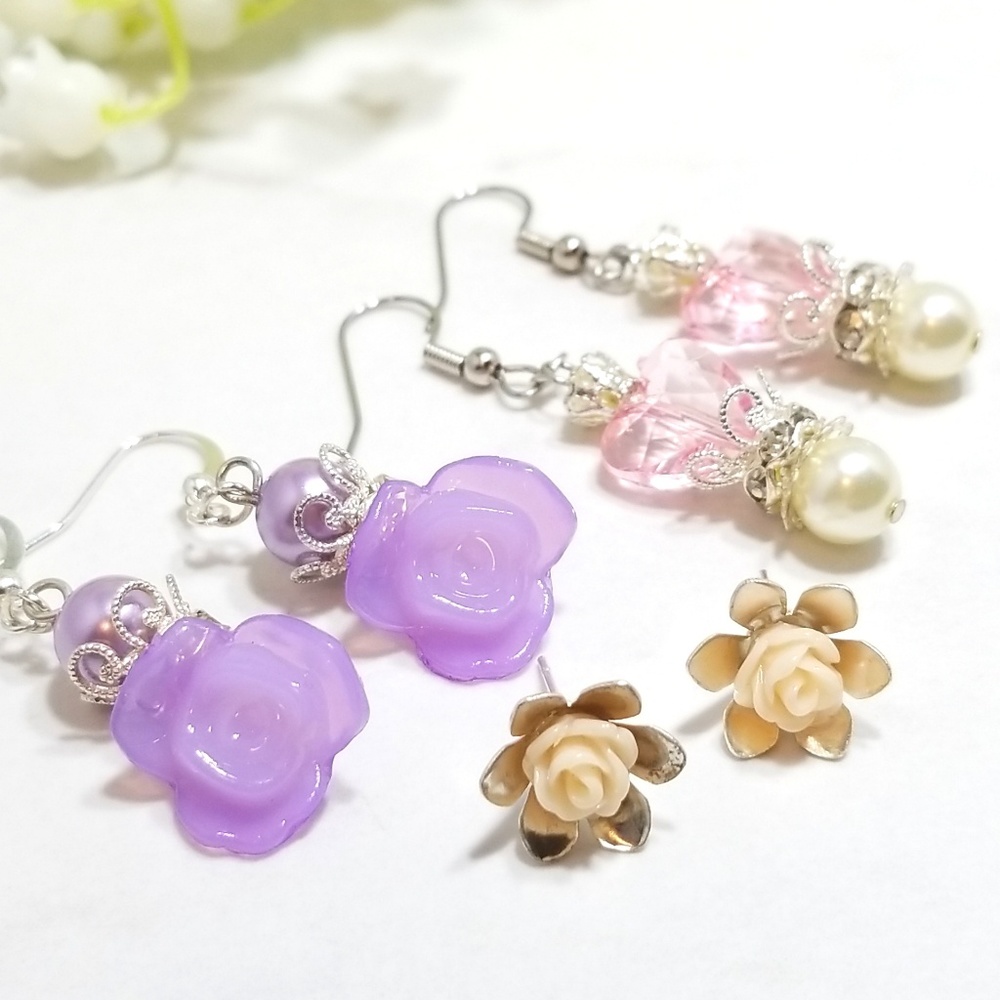 Handmade Cute Rose Dangle & Studs Earring Set